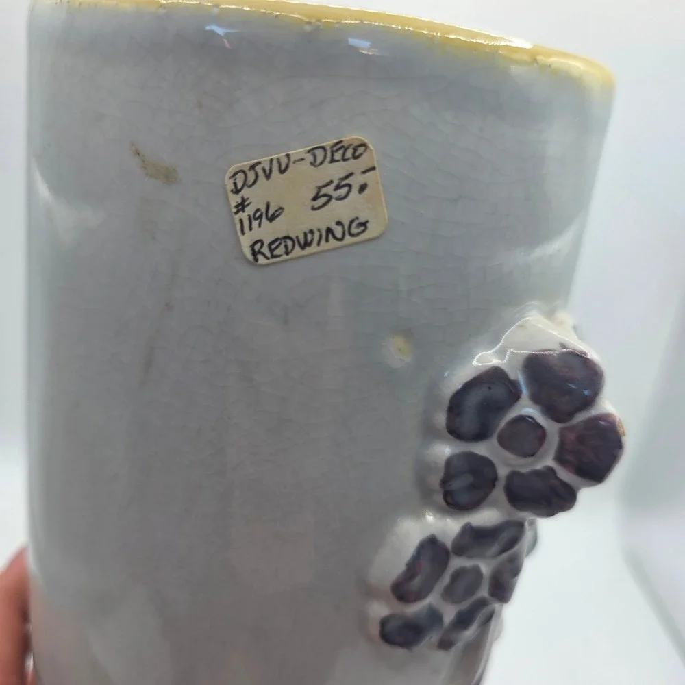 Large Vintage Art Pottery Vase Gray Crackle Glaze Purple Raised Flowers MCM